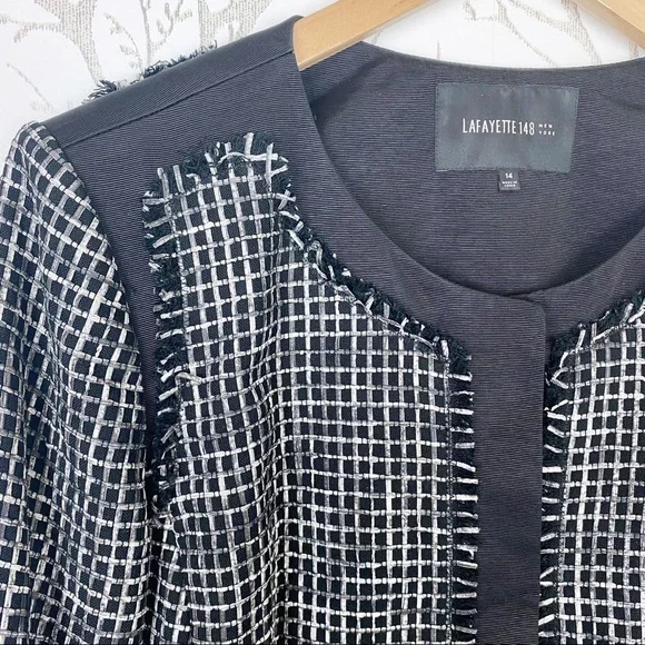LAFAYETTE 148 NEW YORK Black Textured Tweed Grid Fringe Blazer Jacket 14 office - Picture 3 of 16